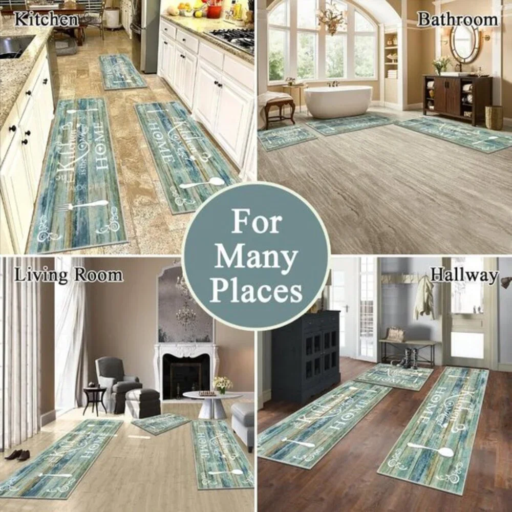 New 3-Piece Boho Kitchen Rug Set, Washable, Non-Slip Mats for Floor, Teal/Brown